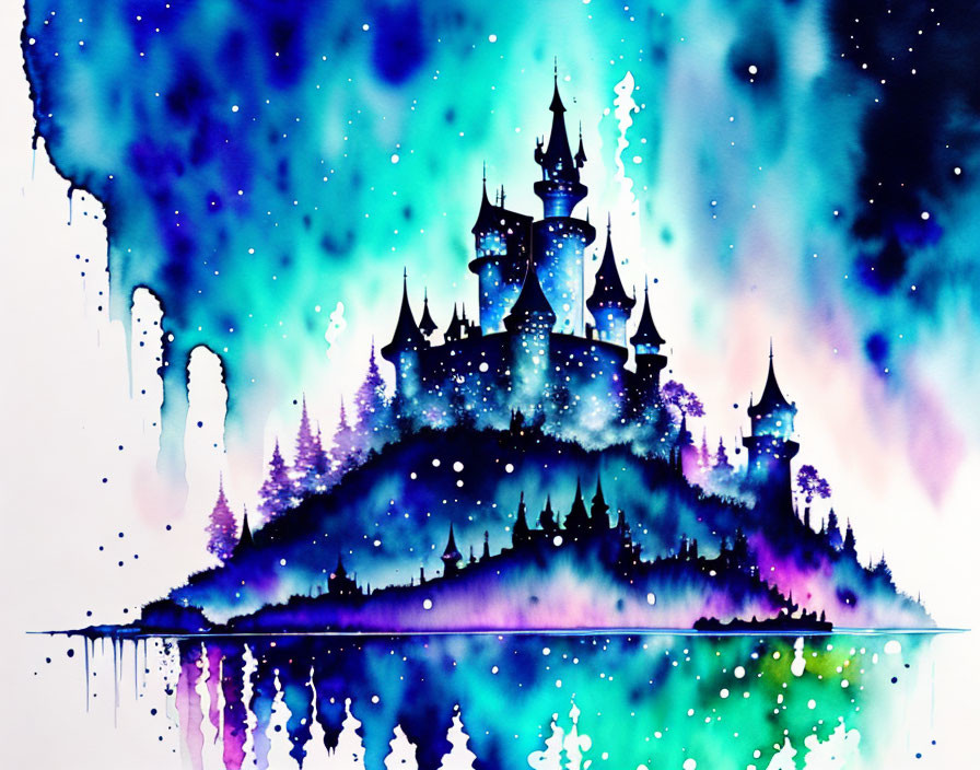 Fantasy castle watercolor painting with starry sky backdrop