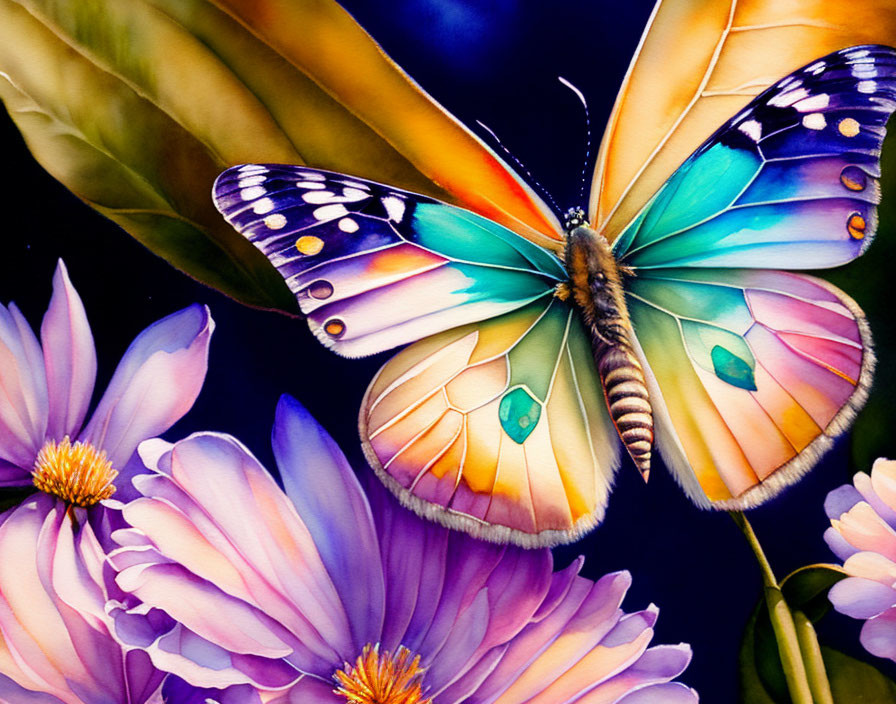 Colorful Butterfly Resting on Purple Flowers with Dark Background