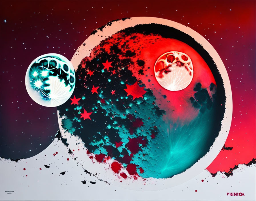 Colorful Abstract Cosmic Artwork with Planets and Stars on Dark Background