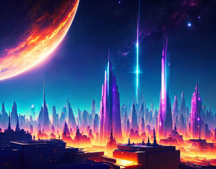 Futuristic cityscape with neon colors and towering spires