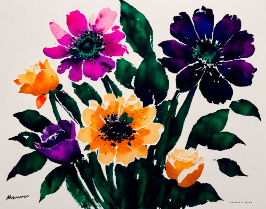 Colorful Watercolor Painting of Stylized Flower Bouquet