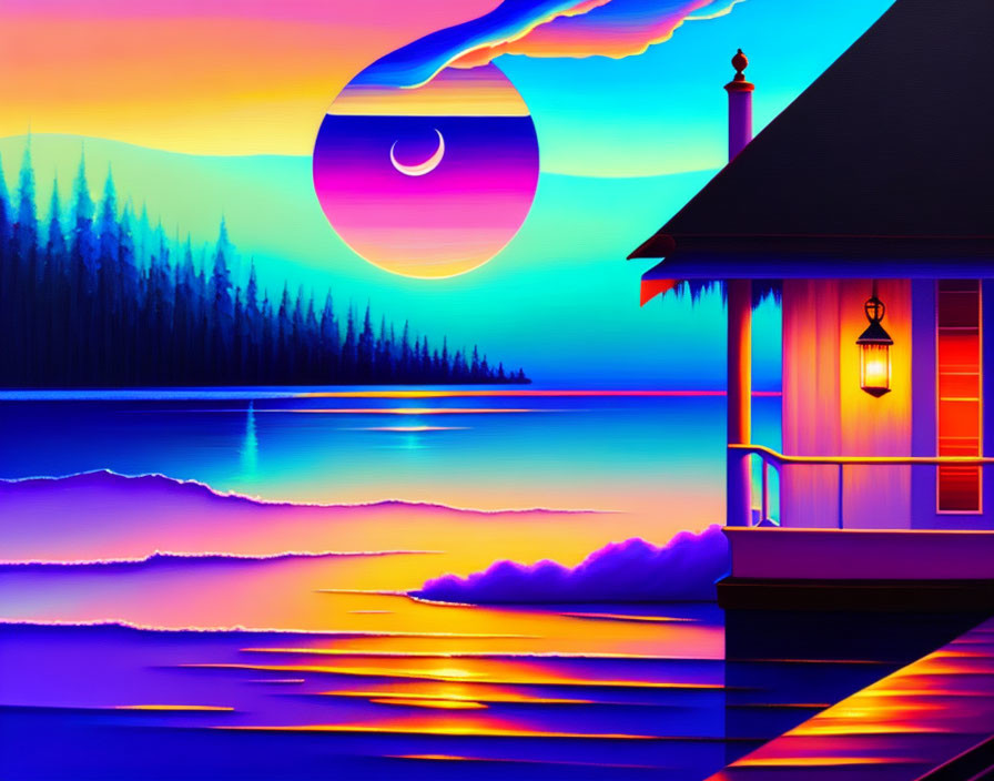 Colorful lakeside house digital art with pink and purple sky and neon reflections