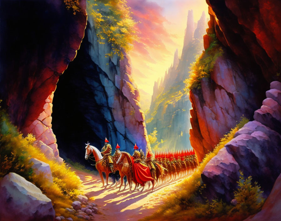 Colorful fantasy artwork: knights on horseback in sunlit canyon.