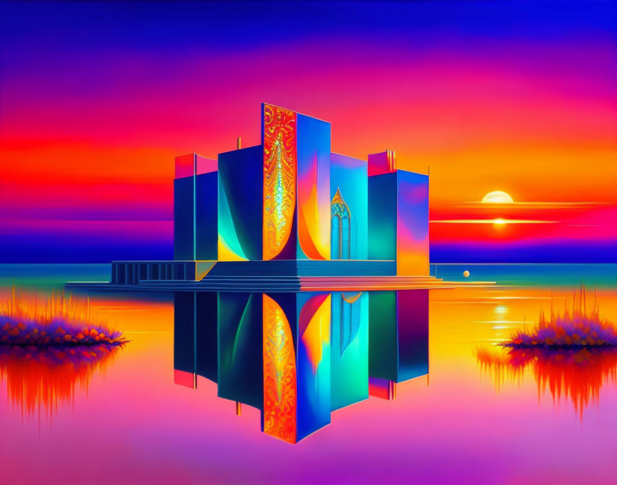 Colorful geometric structure reflecting on tranquil water at sunset