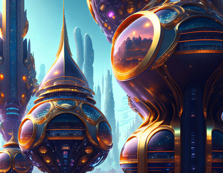 Futuristic cityscape with towering spires and glowing blue lights