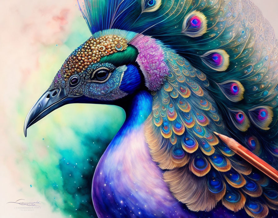 Colorful Peacock with Vibrant Plumage in Blues, Greens, and Purples