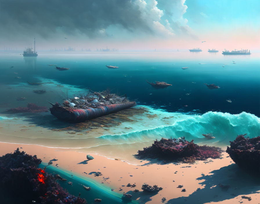 Futuristic shipwreck on serene seascape with distant ships and city skyline