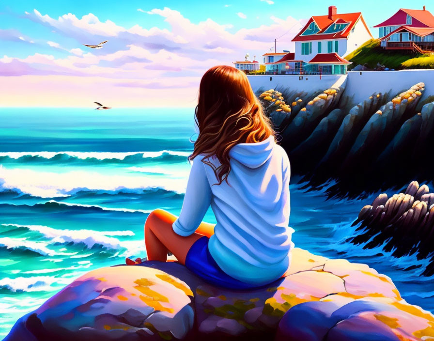 Person sitting on rocky outcrop by the sea with seagulls and cliff houses.