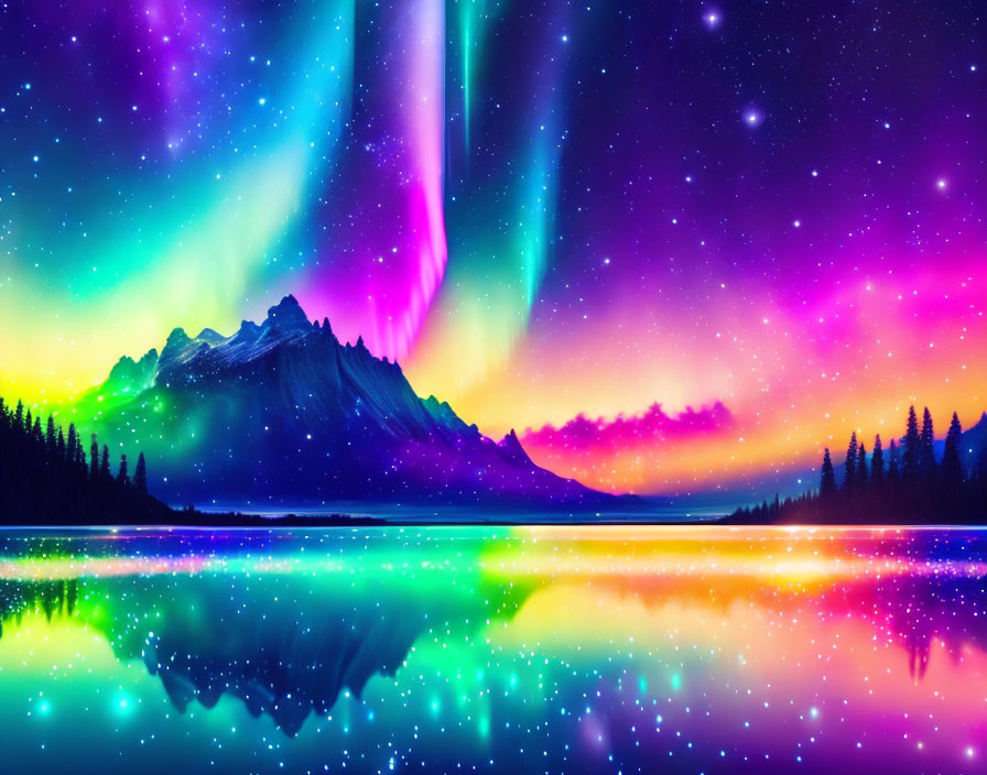 Colorful Aurora Borealis Over Mountain Range and Lake