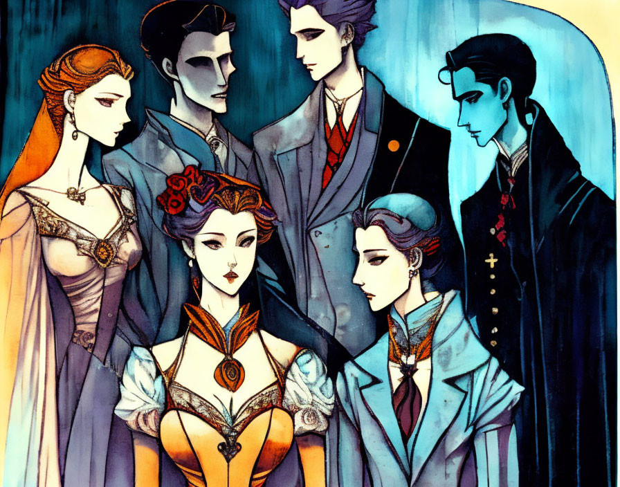 Stylized illustration of five elegant vampires in blue, orange, and violet attire