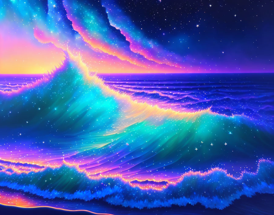 Neon-lit wave in surreal ocean landscape under starry sky