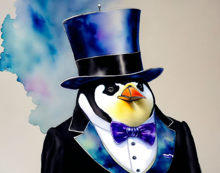 Formal penguin illustration in suit and top hat with blue smoke background