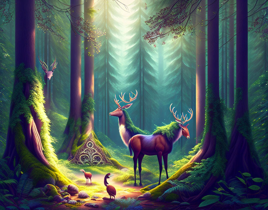 Mystical forest scene with deer, lush greenery, and ornate structure