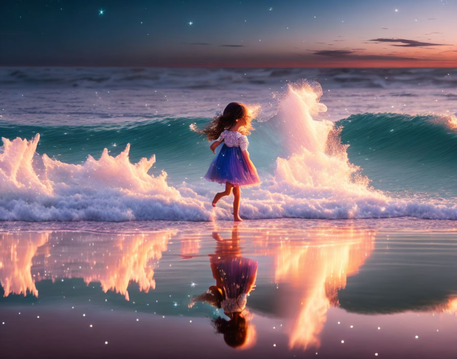 Young girl in blue dress walking on beach at sunset with crashing waves and stars above