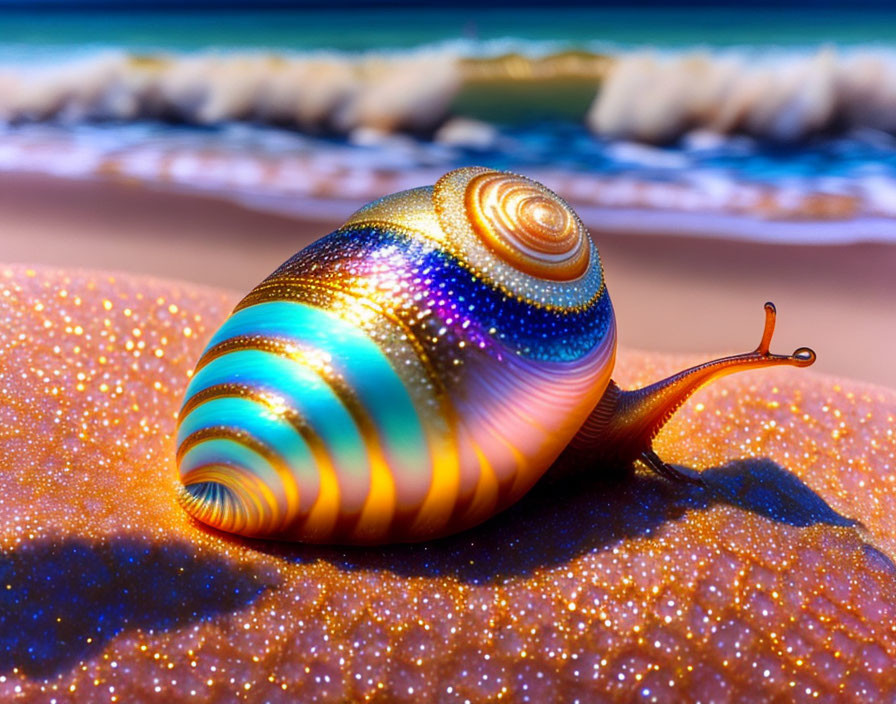 Colorful iridescent snail with spiral shell on sandy beach with waves.