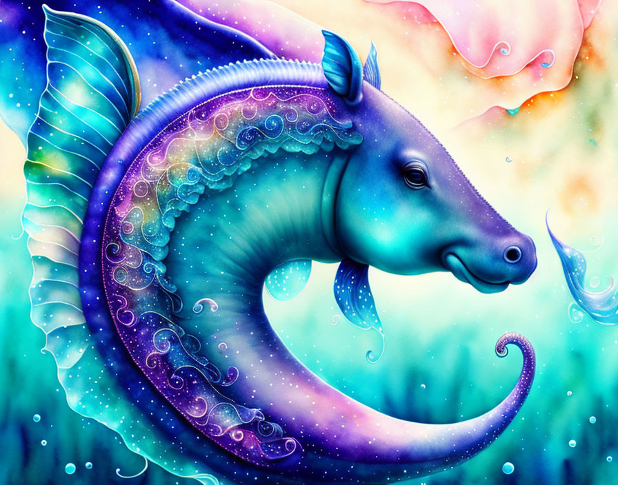 Fantasy seahorse digital artwork with ornate patterns and glowing elements