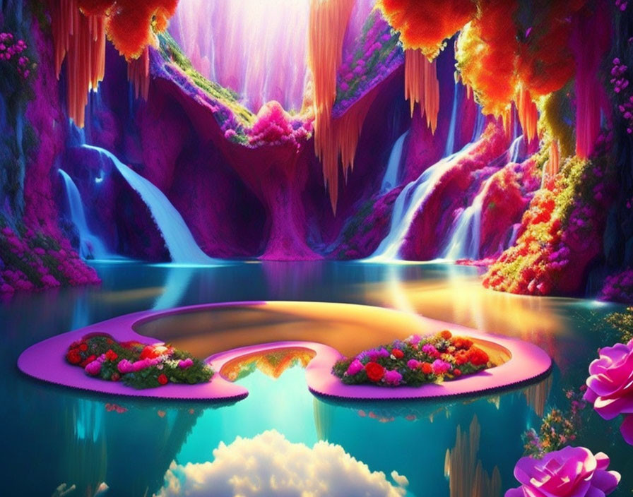 Colorful Fantasy Landscape with Glowing Waterfall & Heart-shaped Landforms