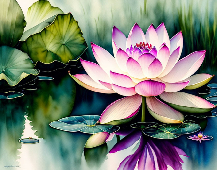 Detailed Illustration of Pink Lotus Flower on Water with Lily Pads