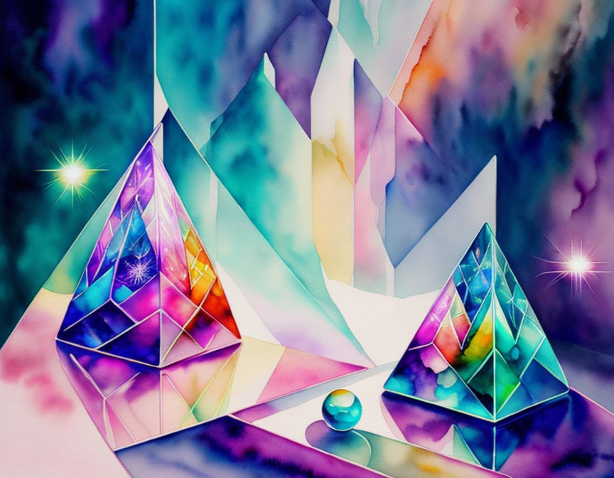 Vibrant geometric crystals in abstract watercolor art