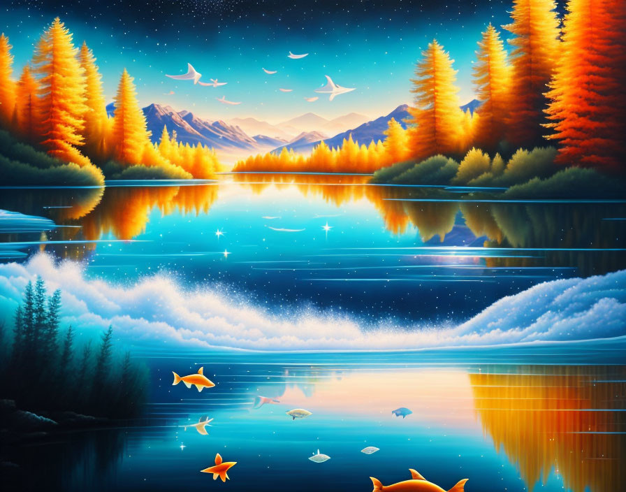 Symmetrical landscape with autumn trees, mountains, starry sky, and tranquil lake.