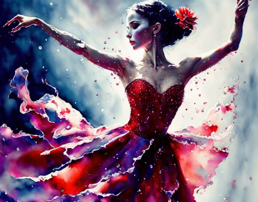 Colorful painting of woman dancing in red dress with water splash and flower in hair