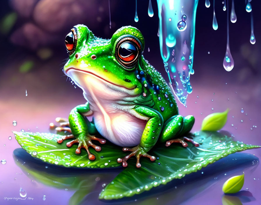 Colorful digital art: Green frog on leaf under water droplets