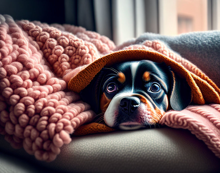 Dog under pink knit blanket on beige surface with soulful eyes