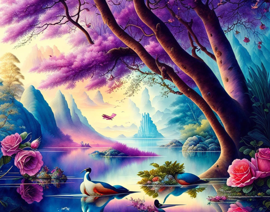 Fantasy landscape digital artwork with purple trees, exotic birds, and pink lake.