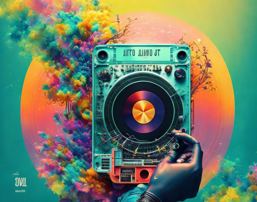 Vibrant surreal artwork: hand holding colorful speaker with floral and smoke elements