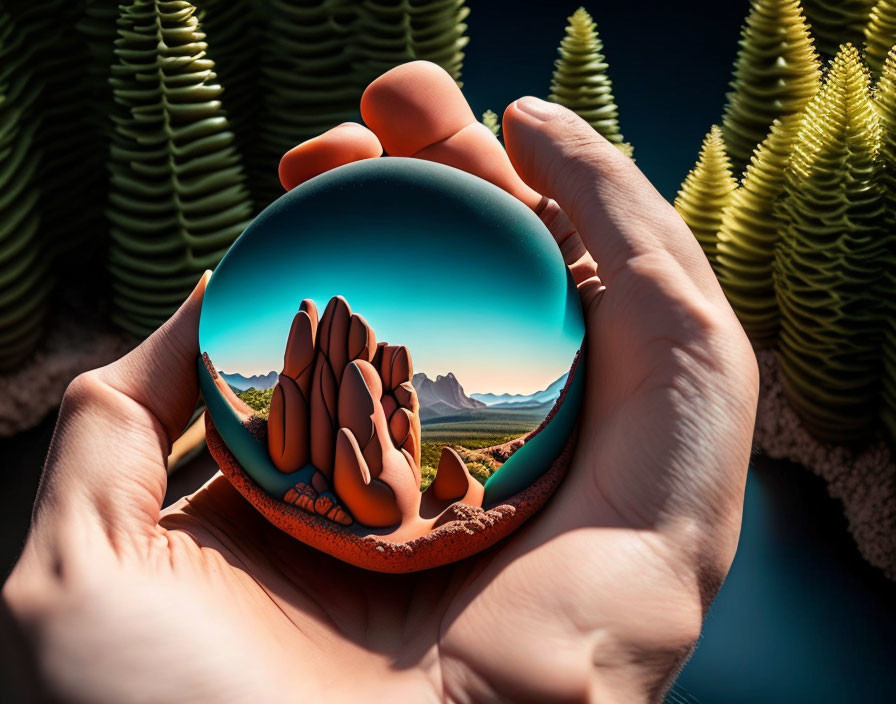 Pair of hands holding circular landscape orb with mountains and vibrant trees