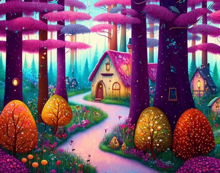 Colorful Mushroom Forest with Tiny Houses and Glowing Path