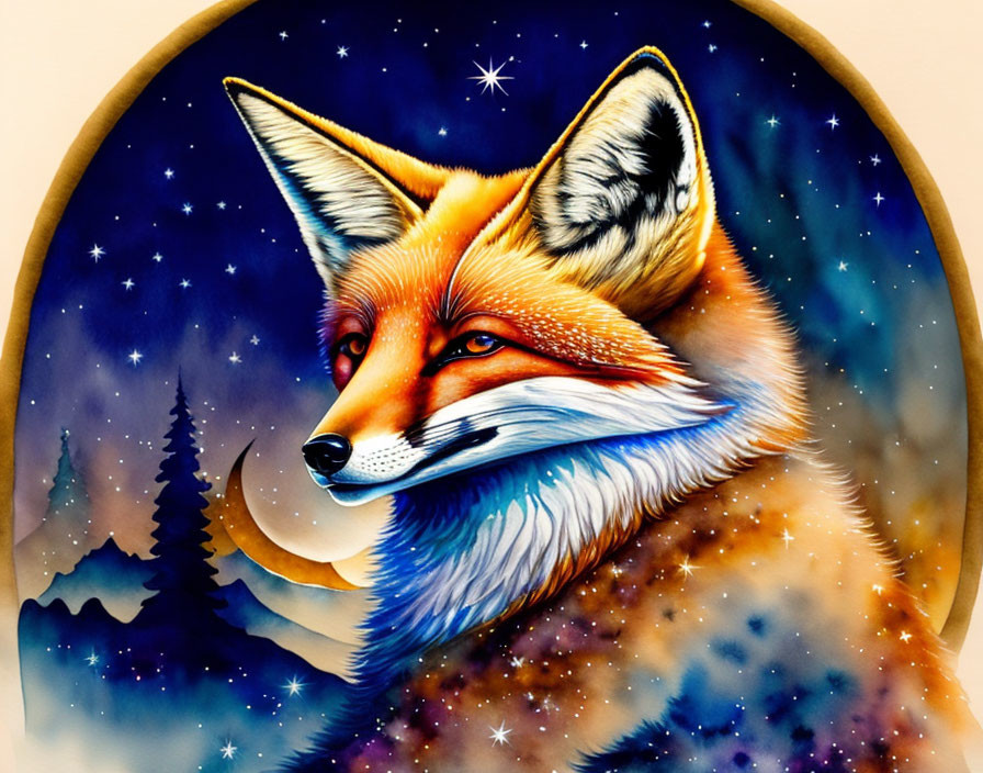 Colorful Fox Illustration with Starry Night & Pine Trees in Round Frame