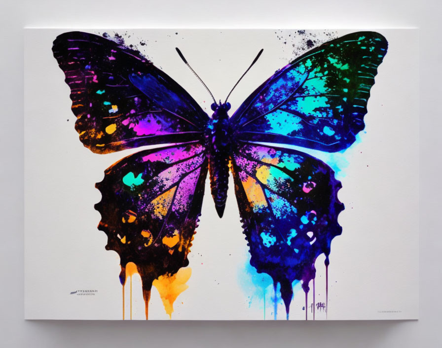 Vibrant butterfly art on canvas with purple, blue, and green ink blots