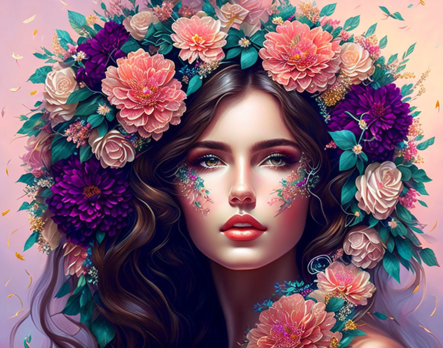 Digital artwork of woman with floral wreath, pink and purple flowers, cascading hair.