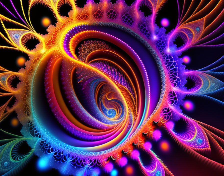 Colorful Neon Fractal Art in Blues, Oranges, and Purples