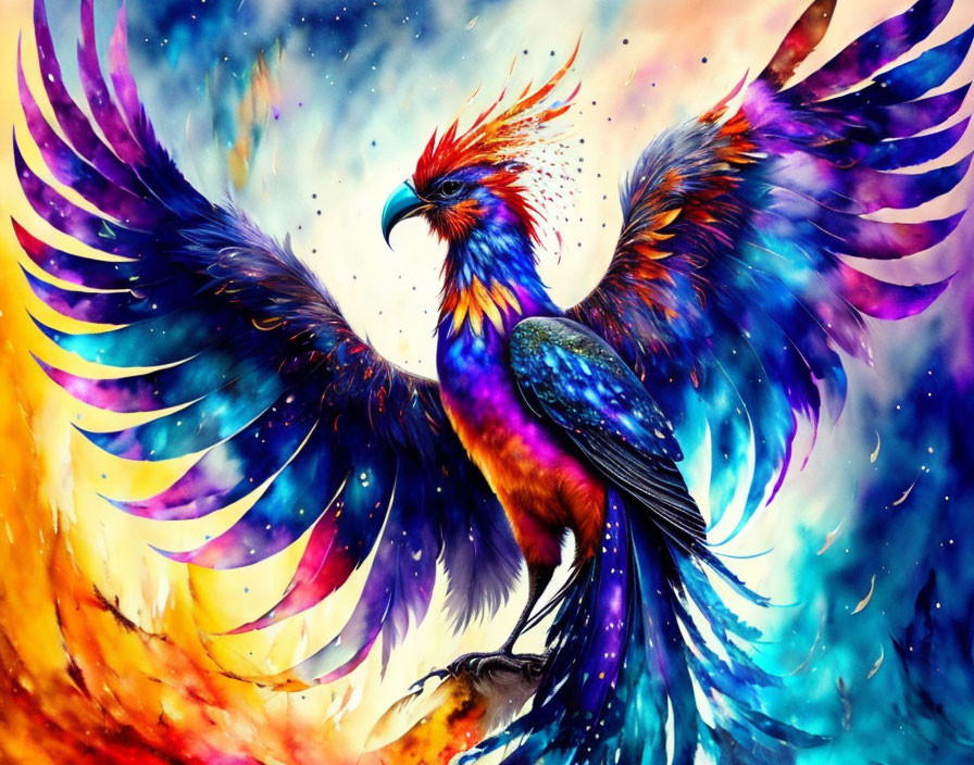 Colorful Phoenix Artwork Soaring in Cosmic Space