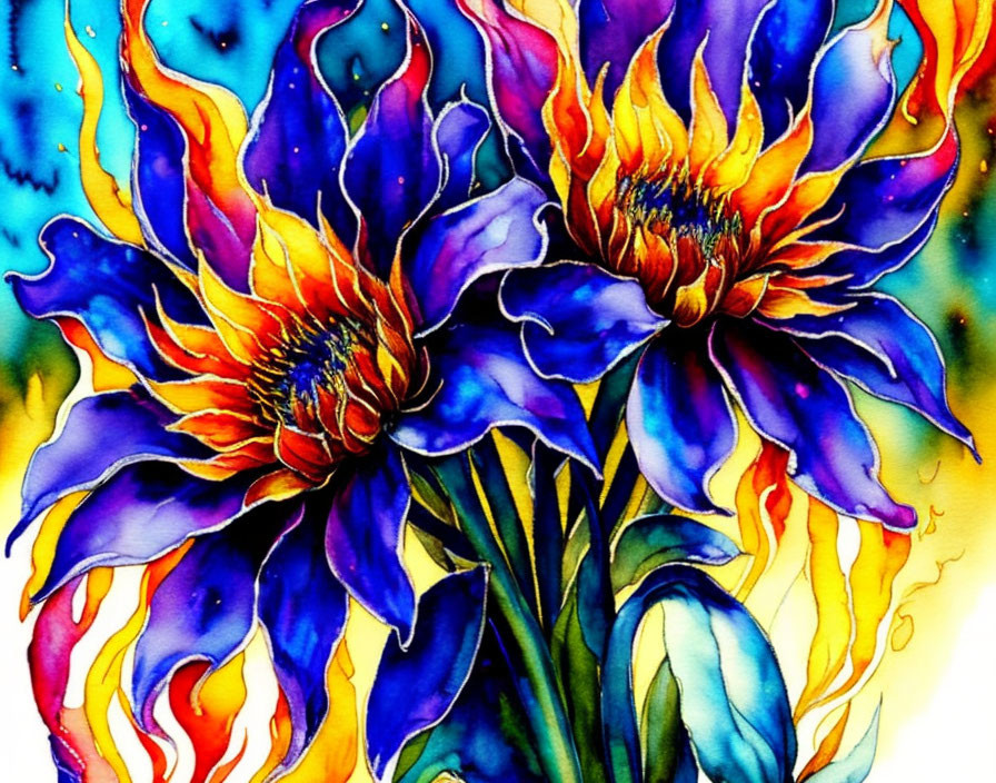 Colorful watercolor painting of blossoming flowers in blue and yellow.