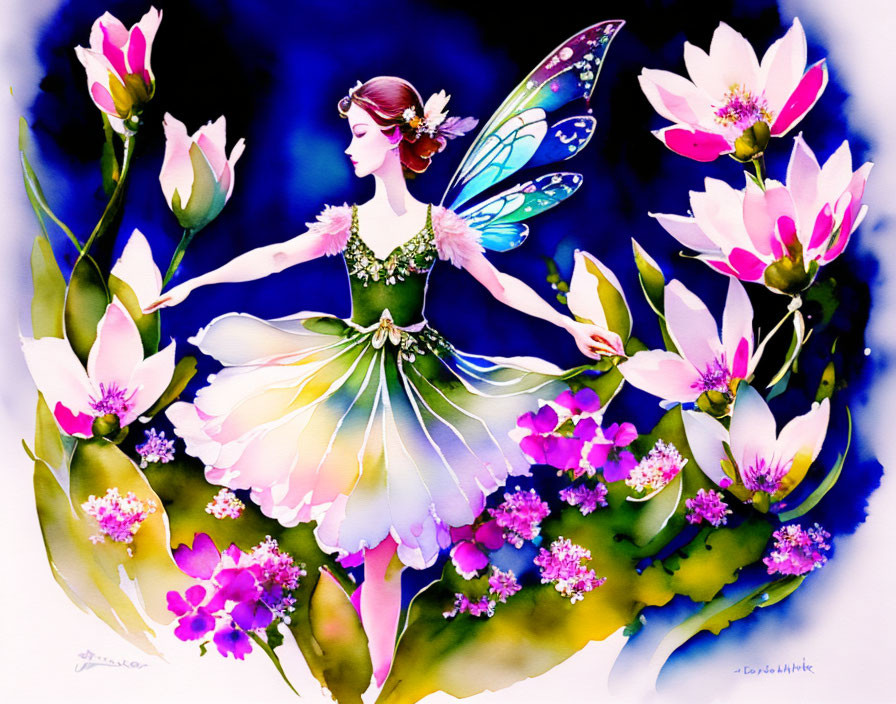 Graceful fairy with translucent wings in vibrant floral scene.