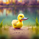 Colorful rubber duck on grass with lake and trees in soft focus