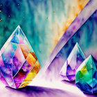 Vibrant geometric crystals in abstract watercolor art