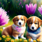 Colorful Scarf-Wearing Cartoon Puppies in Vibrant Flower Field