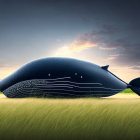 Giant whale with starry skin and smaller whale on grassy field under dramatic sky