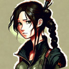 Detailed illustration of a woman with green eyes, braided ponytail, feathers, and arrows on a