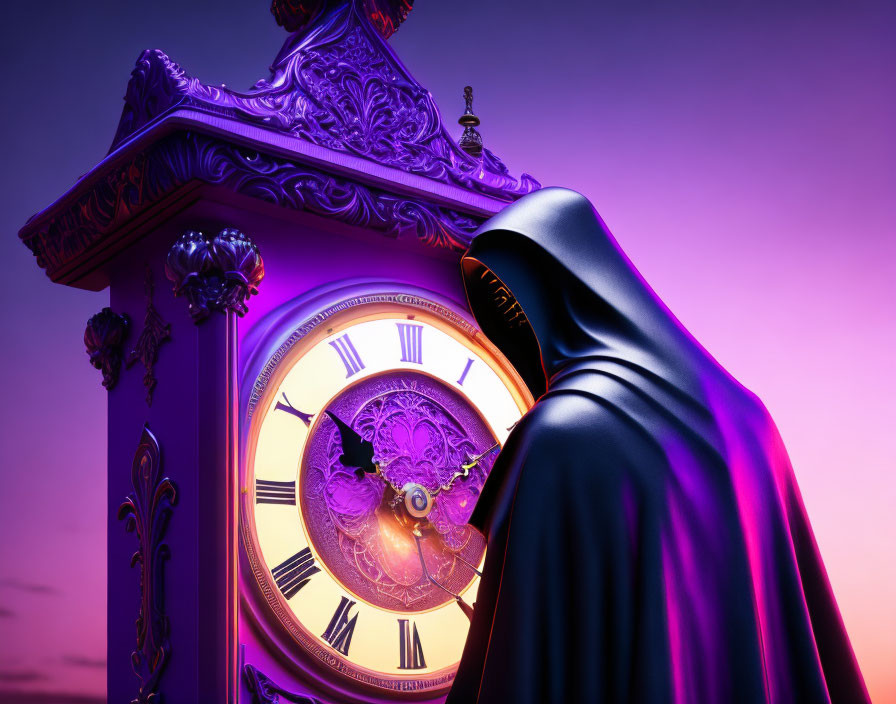 Cloaked figure in front of large ornate purple clock at twilight