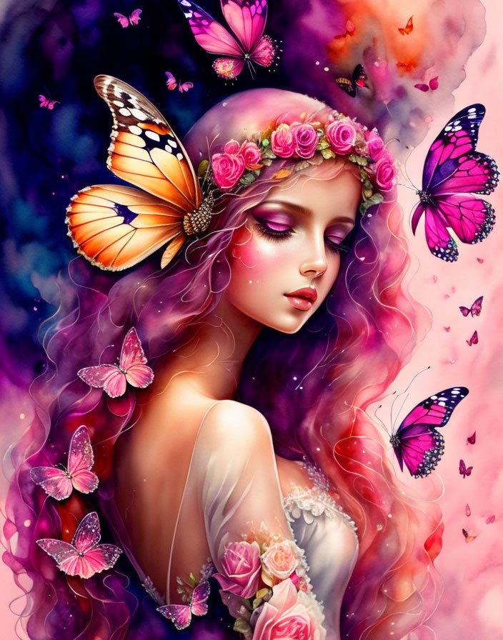 Fantasy woman with wavy hair and butterflies in colorful illustration