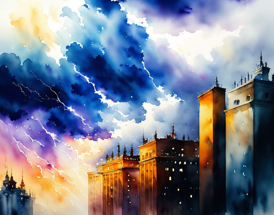 Cityscape Watercolor Painting: Stormy Night Sky Illuminated by Lightning