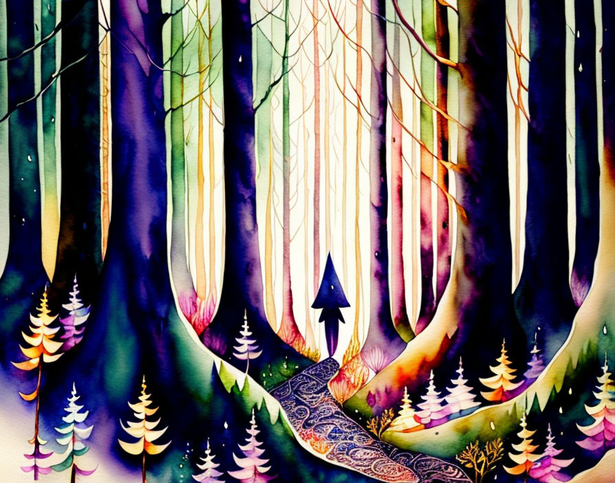 Colorful Watercolor Painting of Whimsical Forest Scene