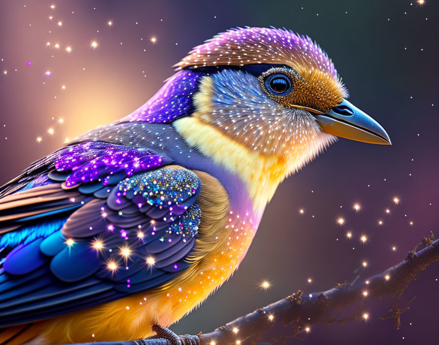 Cosmic-themed digital artwork of a bird with shimmering blue and purple feathers.