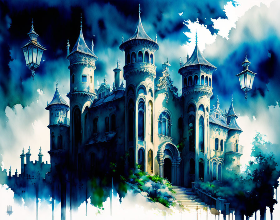 Gothic castle in misty clouds with floating lanterns under dreamy sky