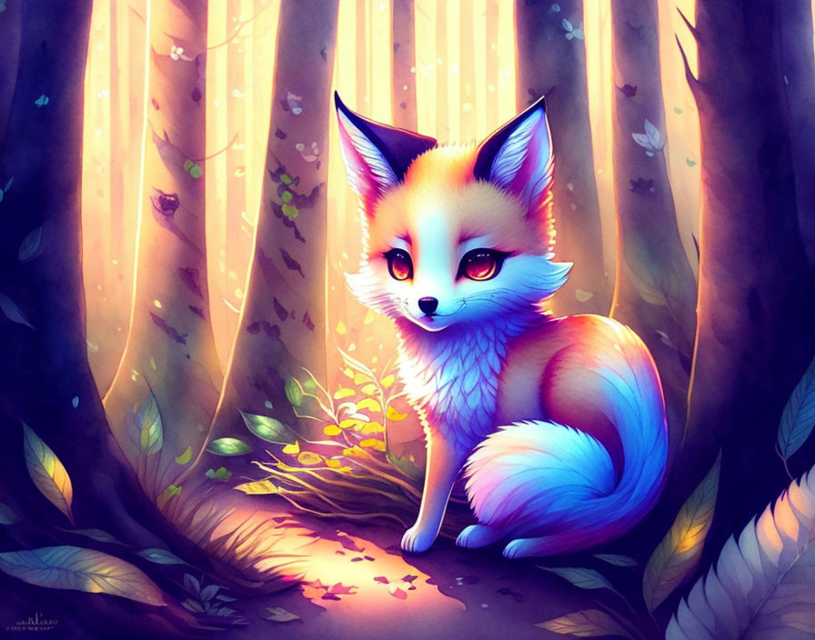 Colorful Fox in Whimsical Forest with Light Streaming Through Trees